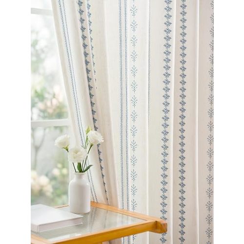 Pinch Pleated Navy Blue Floral Block Print Curtains 84 Inches Long, Vintage Boho Linen Blend Drapes for Bedroom Living Room, 2 Panels Set