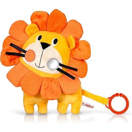 Roary The Lion Sensory Toy Stuffed Animal with Crinkle Sound, Textured Tags, and Teether Ring for Babies & Toddlers (Ages 0+)