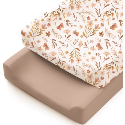 Konssy 2 Pack Stretchy Changing Pad Covers for Girl, Boy, Silky Soft Changing Table Cover, Breathable Baby Nursery Diaper Chang Pad Sheets (Autumn Bloom,Clay)