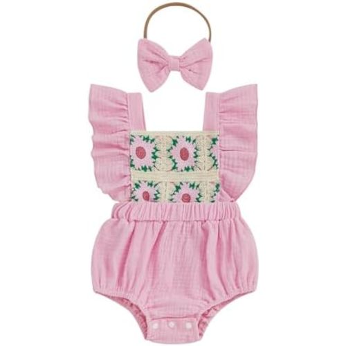 VISGOGO Baby Girl Summer Romper Onesie Crochet Flower Bodysuit Flutter Sleeve Jumpsuit Clothes with Bow Headband