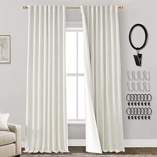Cream Linen Blackout Curtains for Bedroom 84 Inch Length 2 Panels Set,Black Out Pleated Back Tab Room Darkening Insulated Thermal Curtains for Winter Living Room 84 Inches Long,Ivory Colored