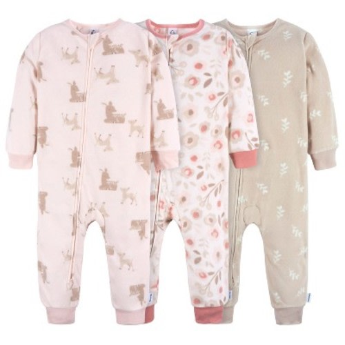 Gerber Baby Girls' Footless Fleece Pajamas, 3-Pack, Color: Pink deer, Size: 12m
