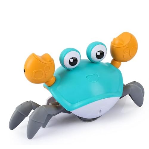 PintreeLand Crawling Crab Baby Toys with Music & Light, Tummy Time Interactive Toddler Toy Automatically Avoid Obstacles for Boys or Girls (Blue)