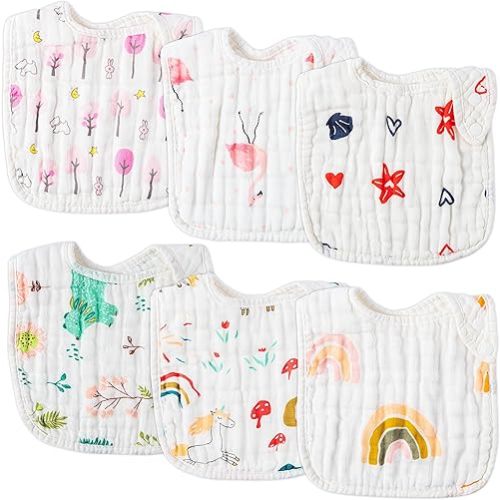 Zainpe 6Pcs Snap Muslin Cotton Bibs for Baby Rainbow Unicorn Flamingo Machine Washable Burp Cloths with 6 Absorbent Soft Layers for Girl&Boy Infant Newborn Toddler Feeding Drooling Teething