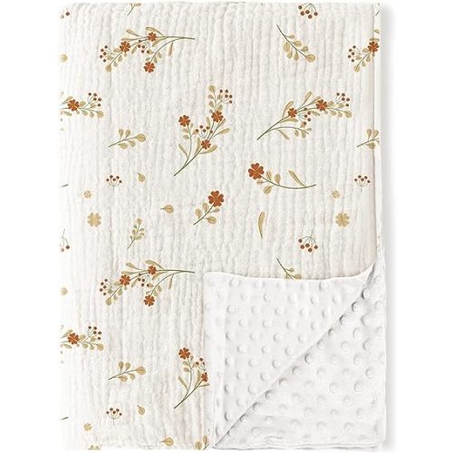 Konssy Baby Blankets for Unisex Boys Girls, Super Soft Nursery Minky Blankets with Muslin Cotton Front and Dotted Fleece Backing, Printed Bed Throws Newborn(Floral)