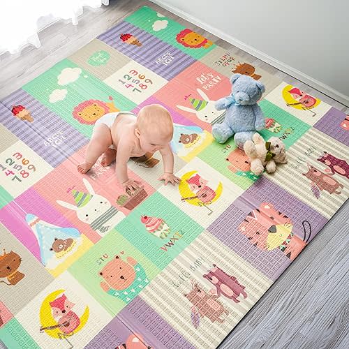 Sorbus Foldable Baby Play Mat, Kids Foam Mats for Floor with Travel Bag - Waterproof Foldable Play Mats for Babies, Infants, Toddlers, and Kids Playtime & Tummy Time 78x70x0.4 (Safari Party)