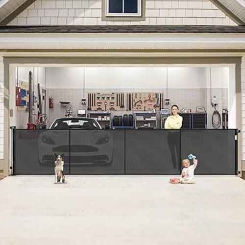 Reinforced 200 Inch Extra Wide Retractable Baby Gates to Prevent Crawling Through, Indoor/Outdoor Baby Gates for Decks, 16 ft Mesh Retractable Fence/Barrier/Blocker/Screen Gate for Garage, Black