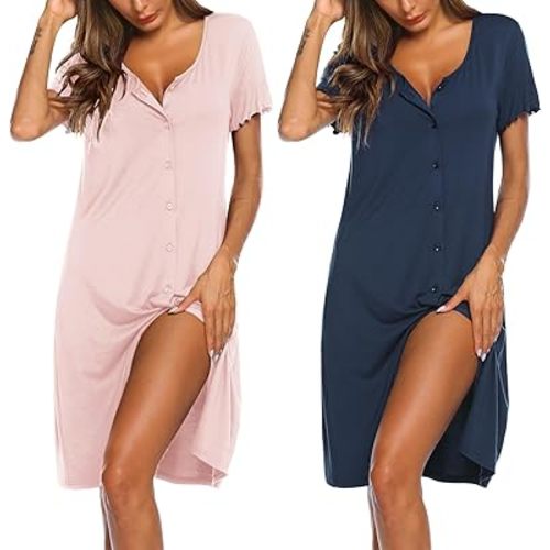 Ekouaer 2 Pack Nightgowns for Women Button Down Night Shirts Short Sleeve Sleep Shirts V Neck Sleepwear Pajama Dress