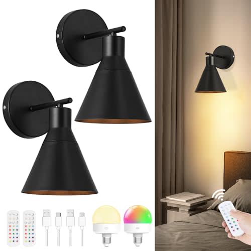 HOJOYRI Modern Wireless Battery Operated Wall Sconces, Black Rechargeable Cordless LED Wall Lights Set of Two, Dimmable Battery Powered Wall Decor Lamp Fixture with Remote Control for Bedroom Indoor