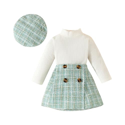 VISGOGO Toddler Girl Skirts Outfit Ribbed Long Sleeve Tops Plaid Tweed Pattern Skirt Beret Baby Fall Winter Clothes