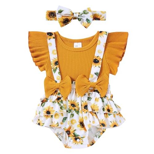 UNICOMIDEA Baby Girls Clothes 0-18 Months Bodysuit Ruffle Sleeve Newborn Outfit Romper with Headband