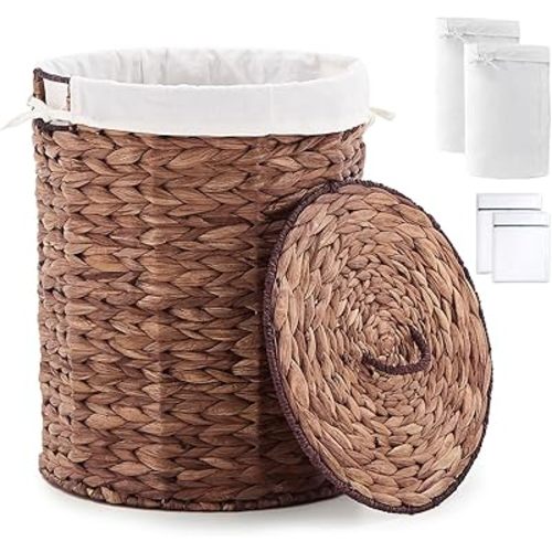 LGENHOOM Round Water Hyacinth Laundry Hamper with Lid Handwoven Wicker Basket with Handles for Dirty Clothes, Storage, and Organization, No Assembly Required, 40L