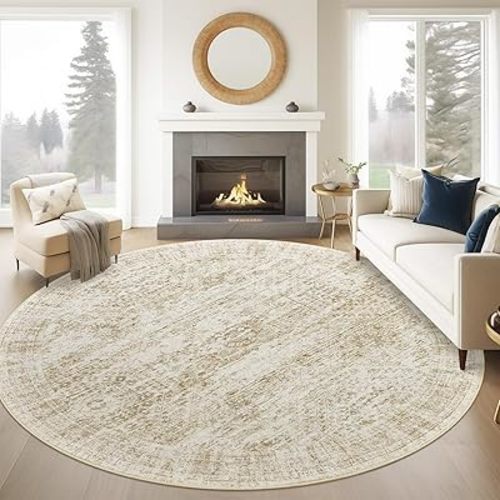 6x6 Beige Round Rug 6ft Living Room Rug Vintage Round Area Rug Non Slip Indoor Carpet for Dining Room Bedroom