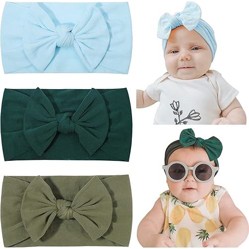 jollybows 3PCS Baby Nylon Headbands Hairbands Hair Bow Elastics for Baby Girls Newborn Infant Toddlers Kids - Blue Dark teal Blackish green
