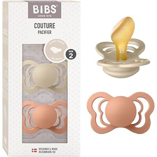 BIBS Couture Baby Pacifier 2-Pack | Made in Denmark | BPA Free Dummy Soother, Anatomical Nipple. Natural Rubber Latex, Size 2 (6-18 Months), Vanilla/Peach