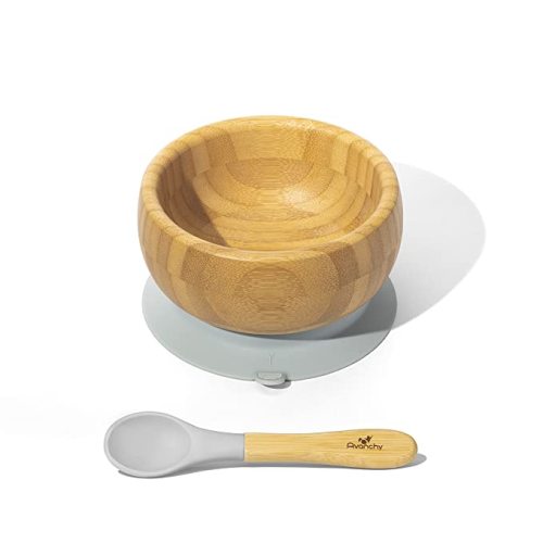 Avanchy Bamboo Baby Bowl with Spoon and Removable Silicone Suction Base – Non-Toxic, BPA-Free Feeding Bowl for Babies and Toddlers – Natural Bamboo Suction Bowl, Gray