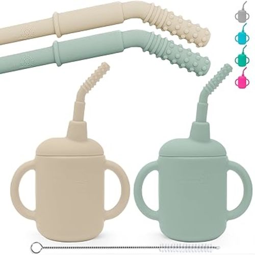 Baby Straw Cups 6-12 Months. 4oz Silicone Sippy Cup for 6 Month Old with No-Pull Straw Stopper. Teething Straw Cup, Soft Transition Cup, Infant Sippy Cups 6-12 Months - 2 Pack