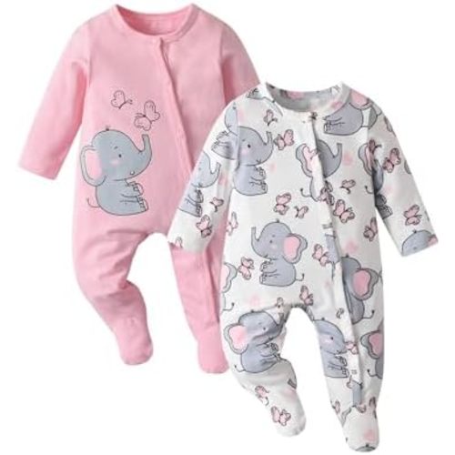 2-Pack Newborn Baby Girl Footies Romper Cartoon Elephant Printed One-Piece Jumpsuit Clothes