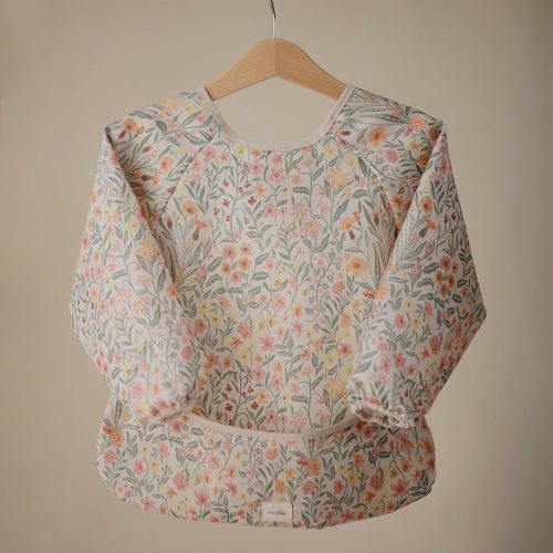 mushie Long Sleeve Baby Bib | Water Resistant Adjustable Fit for Ages 6-24 Months (Olive Check) : Baby