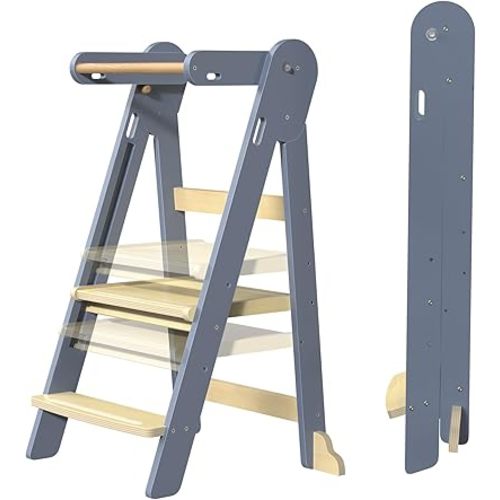 Grownsy Foldable Step Stool Toddler Tower, Toddler Kitchen Stool Helper, Collapsible Kids Standing Tower with 3 Adjustable Heights for Kitchen Bathroom Sink Counter (Blue Gray)
