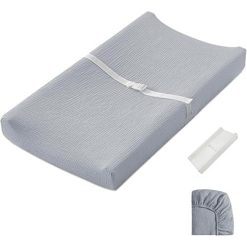 Blissful Diary Muslin Baby Changing Pad with Waterproof Lining Foam, Diaper Changing Table Pad with Cover for Dressers (Gray, Rectangular)