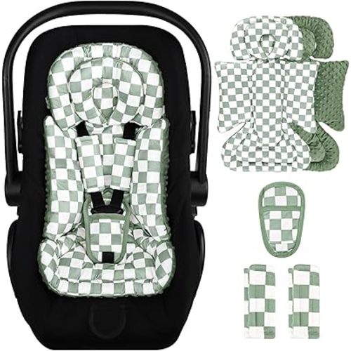 Infant Car Seat Insert, Baby Car Seat Head Support with Removable Headrest, Adjustable Newborn Car Seat Cushion with3 Strap Paddings for Stroller, Swing, Bouncers, Green Lattice
