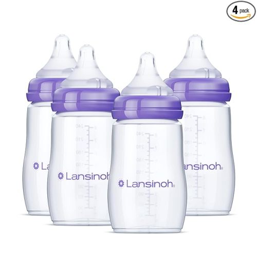 Lansinoh Anti-Colic Baby Bottles, BPA-Free Plastic, 8 Ounces, 4 Count, Medium Flow Nipples (Size M), Breastfeeding Bottle with NaturalWave Design