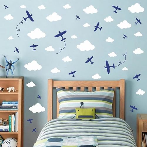 Airplane Wall Stickers Aircraft Plane Wall Decals Peel and Stick White Cloud Wall Decals Removable Vinyl Clouds Wall Stickers Vehicle Decal for Boys Room Nursery Kids Bedroom Decor