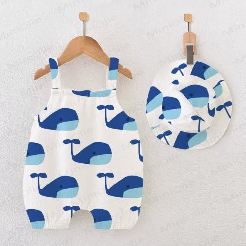 Baby Blue Whales White Romper with Hat