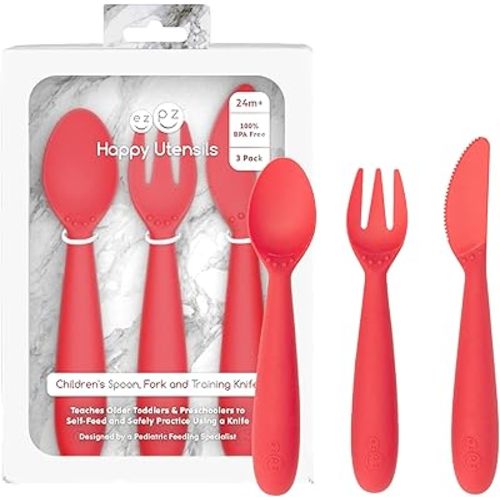 ezpz Happy Utensils - 24 Months+ (Coral) - BPA Free Toddler Utensils - Fork, Spoon and Knife for Toddlers and Preschoolers - Kids Utensils for Self-Feeding Development