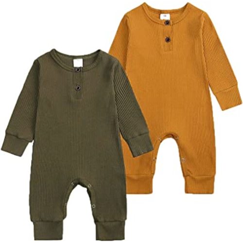BeiVSlley Newborn Baby Boy Girl 2 Pack Button Solid Romper Infant Long sleeve Knit Cotton Footless Outfits Clothes