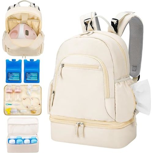 Breast Pump Backpack Fit for Spectra S1/S2 with Removable Cooler Compartment, Breast Pump Bag Fit Pump Accessories for Working & Nursing Moms, Breast Milk Cooler Bag for Travel and Family Use Beige