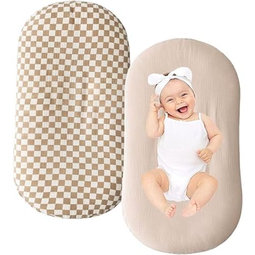 Little Jump Cotton Muslin Baby Lounger Covers, 2 Pack, Soft Removable Slipcovers for Newborn Infant Lounger, for Girls Boys, Coffee Checkered (Checkered & Kakhi)