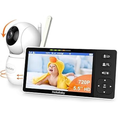 HelloBaby 720P 5.5'' HD Baby Monitor with Camera and Audio No WiFi, Video Baby Monitor, Remote Pan Tilt Zoom Wide View Range, 1080P Infant Camera, Night Light, Hack Proof, 4000mAh Battery, 1000ft