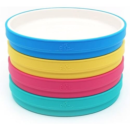 Elk and Friends Kids 7.8” Porcelain White Plates with Silicone Sleeves