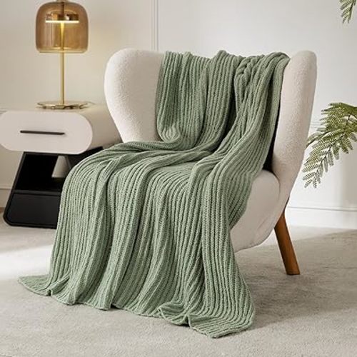 WESHIONGOO Throw Blanket Chenille Yarn Chenille Blanket Sage Green 50"*60"