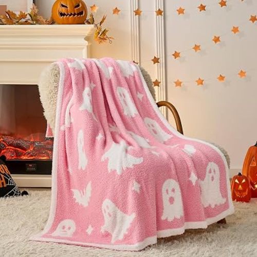 Snuggle Sac Halloween Throw Blanket Pink Ghost Blanket, Pink Bat Halloween Throw Blanket for Couch 50x60 inches, Ultra Soft Decorative Blanket