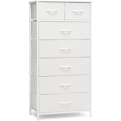 Crestlive Products Vertical Dresser Storage Tower - Sturdy Steel Frame, Wood Top, Easy Pull Fabric Bins, Handles - Organizer Unit for Bedroom, Hallway, Entryway, Closets - 7 Drawers (White)