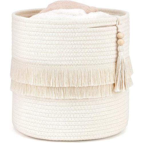 Dahey Macrame Decorative Cotton Rope Storage Basket Boho Nursery Decor Small Cute Woven Tassel Storage Bins Organizer with Wooden Bead for Baby Toys,blanket, Magazines, Living Room,Bedroom, 11"x11"