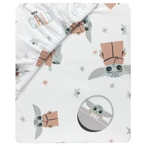 Lambs and Ivy Star Wars The Child Baby Yoda Grogu Fitted Crib Sheet in Taupe, Green and White | NFM