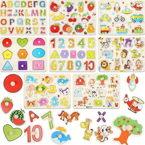 8 Set Wooden Peg Puzzles for Toddlers 2-4 Years Alphabet Number Animal Vehicles Puzzles Board for Kids Educational Learning Puzzles Toys for Children Babies Boys Girls (Lovely)