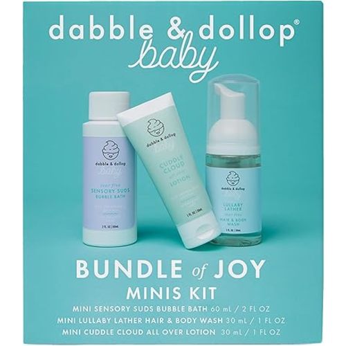Dabble & Dollop Baby Minis Kit β Fragrance-Free, Tear-Free Shampoo & Body Wash, Bubble Bath and All Over Lotion, Travel Size Baby Toiletries or Gift Set for Newborns & Sensitive Skin