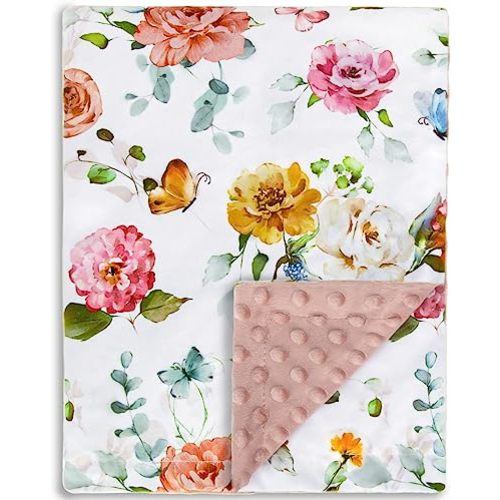 BORITAR Elegant Floral Baby Blanket for Girls Soft Plush Minky Blanket with Double Layer Dotted Backing, Multicolor Butterfly & Gentle Floral Printed 30 x 40 Inch(75x100cm)