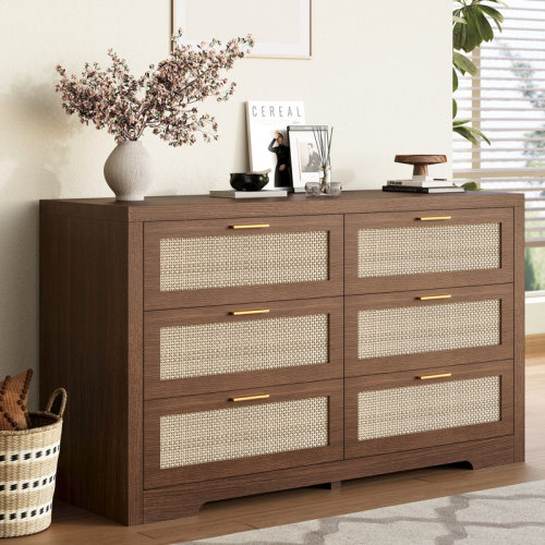 Latitude Run® Rattan Storage Dresser With 6 Drawers, Wooden Cabinet For Bedroom & Living Room | Wayfair