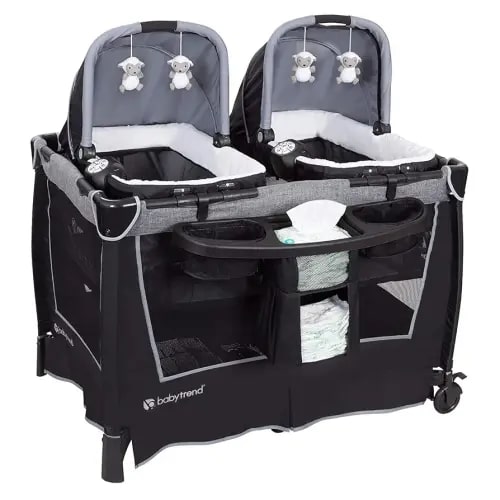 Baby Trend Retreat Nursery Center with Two Removable Rock A Bye Bassinets, Changing Table, Organizer, and Music Center with Nightlight, Quarry