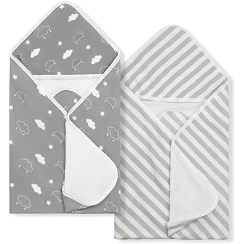 Baby Towels 2 Pack,Hooded Baby Towels Set,Baby Infant Bath Towels with Hood,Soft and Absorbent Nursery Towel,Large 28x28 Inch, Newborn Essential(Gray Clouds + Stripes)