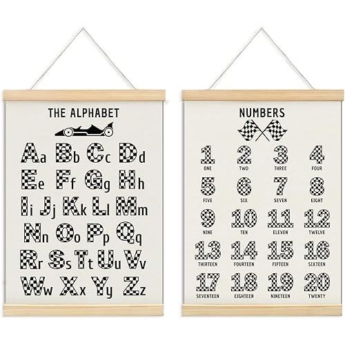 ULEGIE Alphabet Race Car Wall Poster Hanger Frame, Educational Posters For Preschoolers, Kids Playroom Art Prints Boys Race Car Poster Nursery Artwork Set of 2 for Bedroom, 12 x 16 Inch