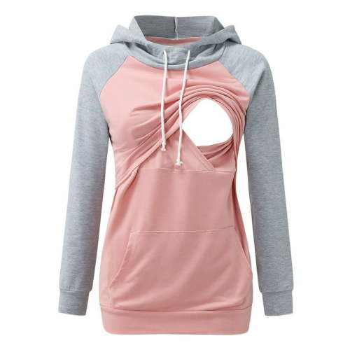 Pregnant Maternity Breastfeeding Long Sleeve Tops For Women Maternity O-Neck Splicing Long Sleeve Breast-Feeding Pregnant Woman Nursing Hooded Blouse Tops