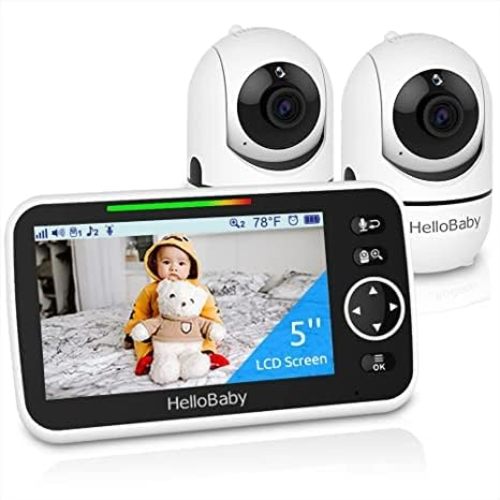 HelloBaby 5" Baby Camera Monitor, Monitor with Cameras and Audio, 2 Cameras Remote Pan/Tilt/Zoom, VOX Mode, Night Vision, 2-Way Talk, 8 Lullabies, Temperature and 1000ft Range - 2cams-HB6550