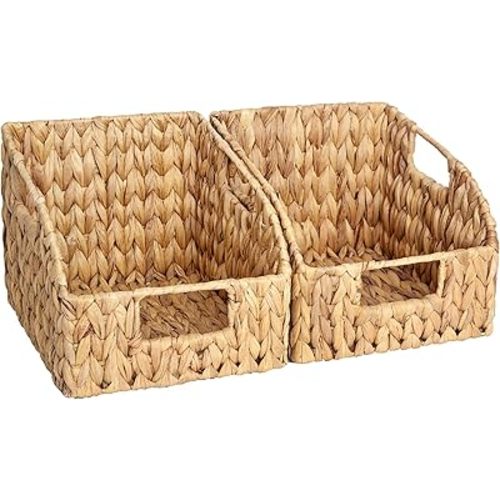 StorageWorks Pantry Baskets for Organizing, Wicker Basket with Built-in Handles, Handwoven Wicker Storage Baskets, Water Hyacinth for Shelves, 2 Pack